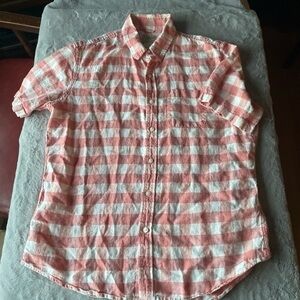 LL bean 100% linen Pink and White Checkered Shirt size large